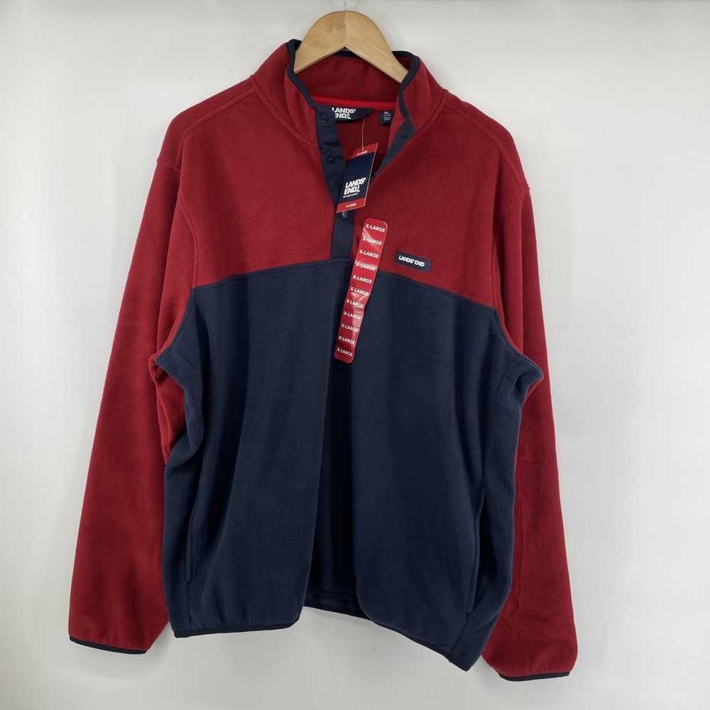 Lands End Mens 1/4 Snap XL Red Blue‎ Color Block Fleece Pullover Jacket NWT